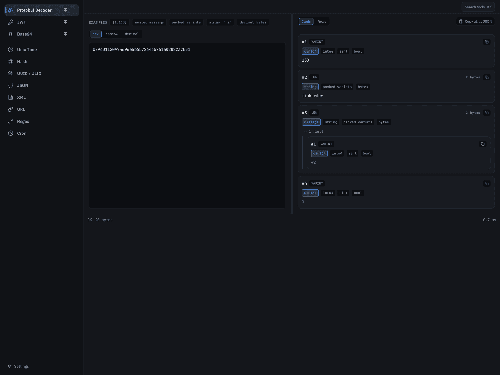 TinkerDev's sidebar with pinned tools above the rest, alongside a decoded Protobuf payload.