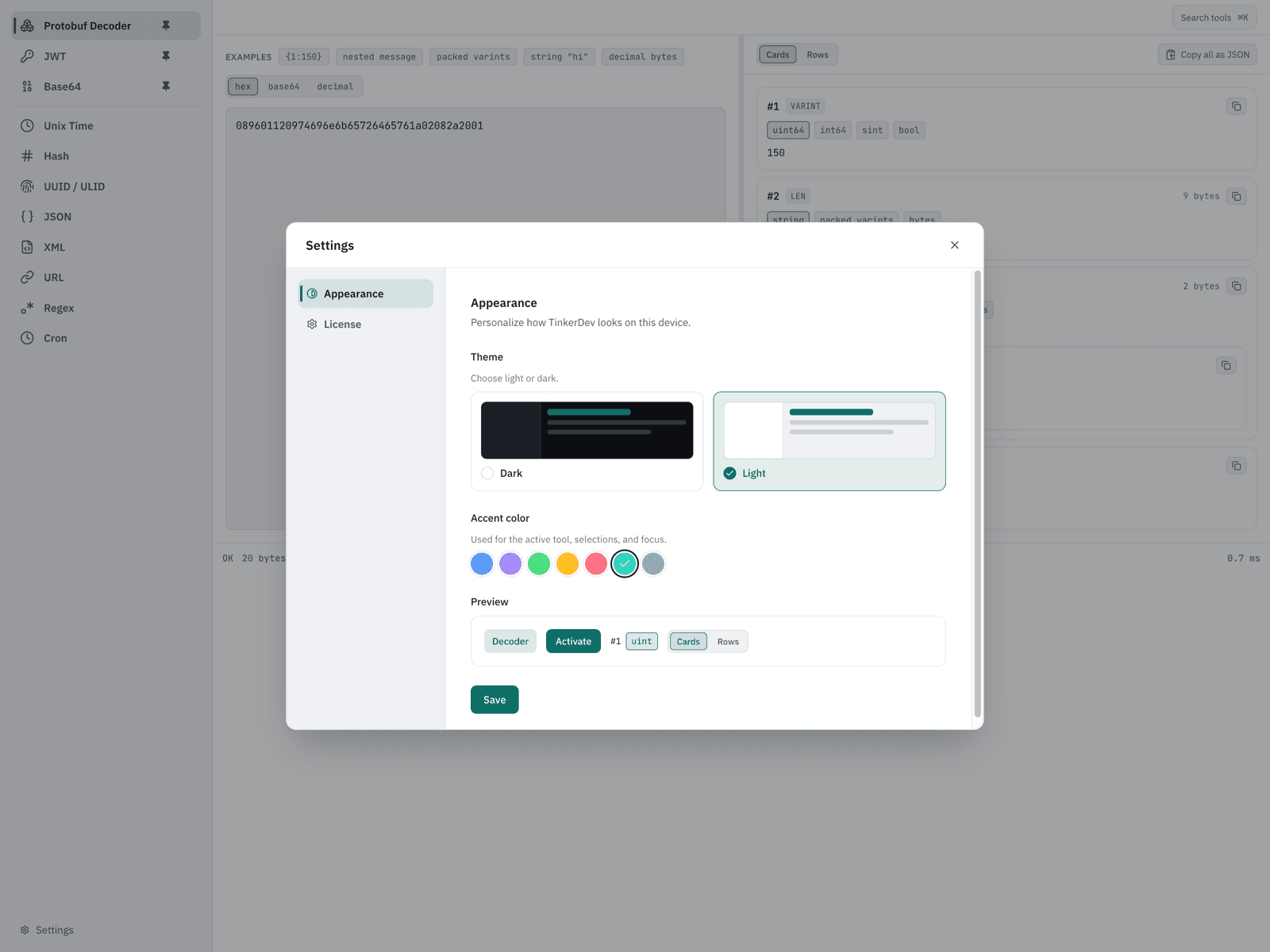 TinkerDev's Appearance settings showing light/dark theme cards and selectable accent colors.