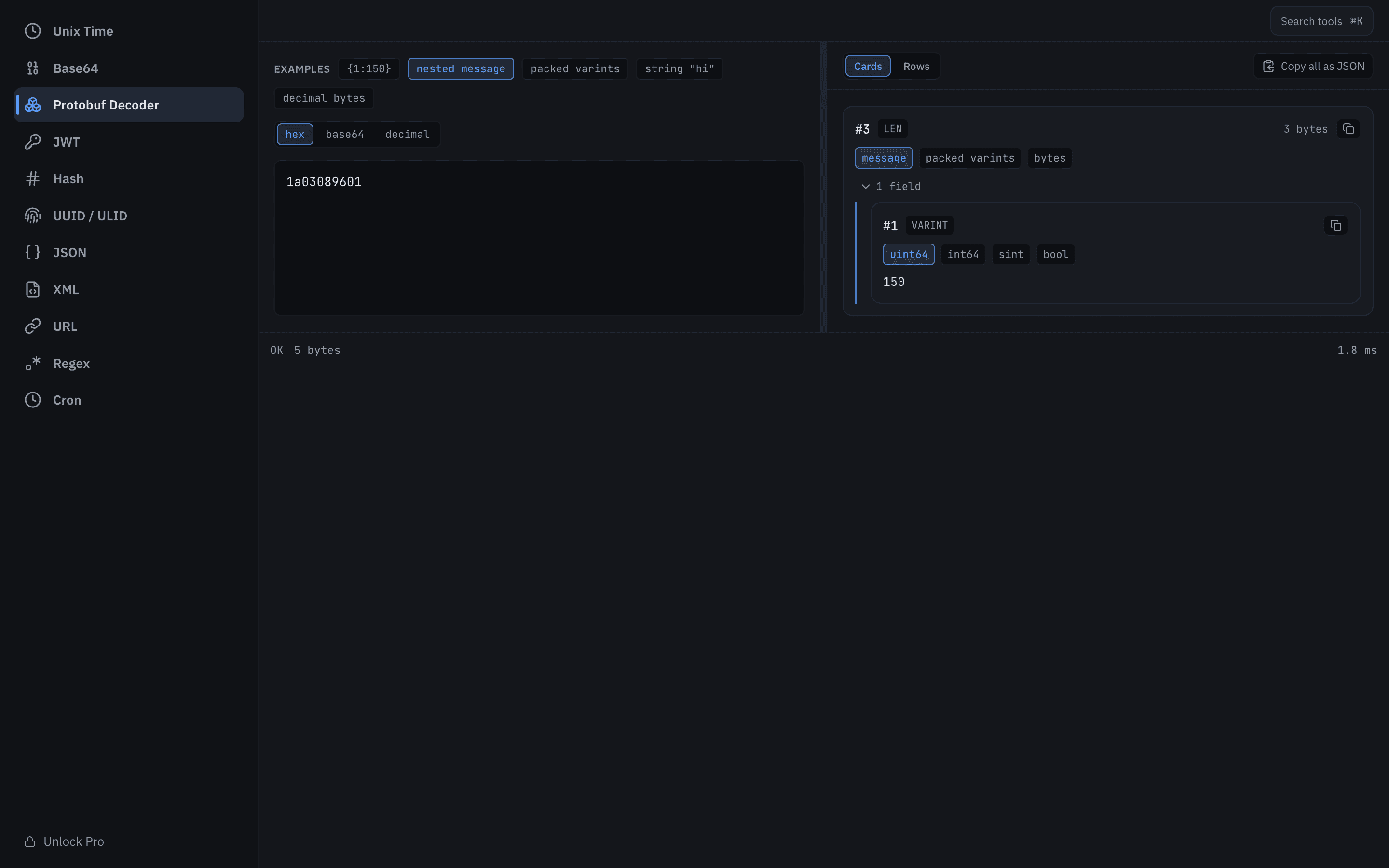 TinkerDev decoding a raw Protobuf payload with no schema — every field, wire type, and nested message laid out.